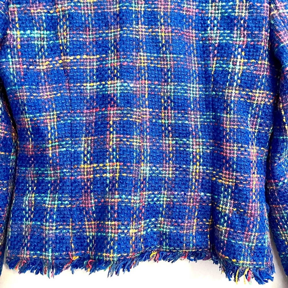 Vintage Bright Blue Plaid Neon Pink Green Business Fringe Blazer Suit Coat - Picture 9 of 14